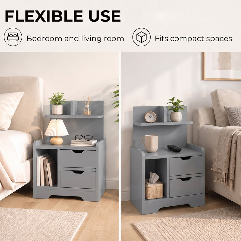 HOMCOM Bedside Table, Small Bedside Cabinet with 2 Drawers and Storage Shelves, Modern Nightstand for Bedroom, Grey – view 4