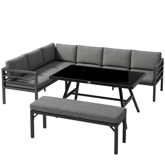 Outsunny 4 Piece L-shaped Garden Furniture Set 8-Seater Aluminium Outdoor Dining Set Conversation Sofa Set w/ Bench