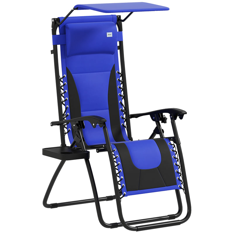 Blue folding zero gravity recliner chair with shade canopy, headrest and cup holder tray
