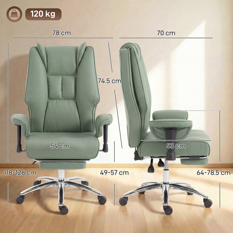 HOMCOM Executive Office Chair, Reclining Desk Chair with Footrest, Adjustable Armrests, Pet Friendly Faux Leather, Green – view 3