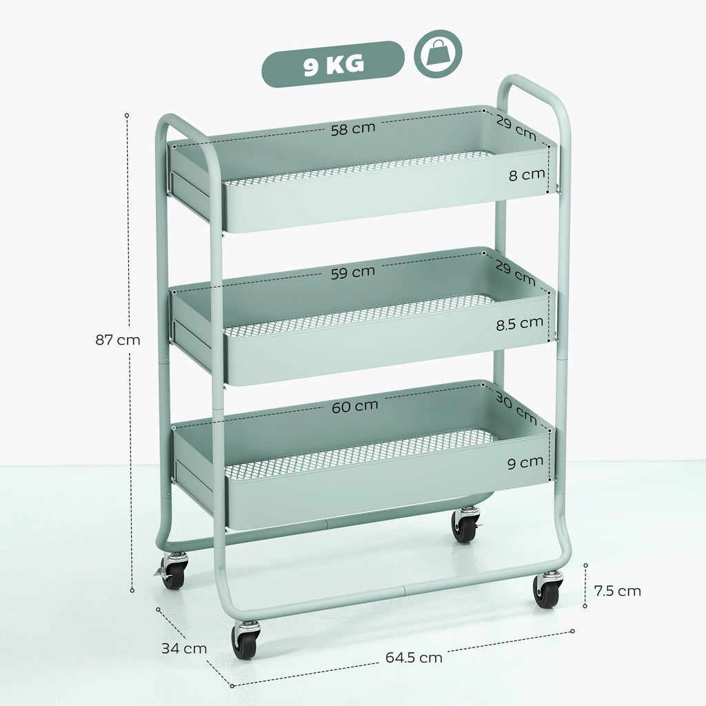 HOMCOM 3-Tier Storage Trolley on Wheels with Mesh Baskets - Light Green