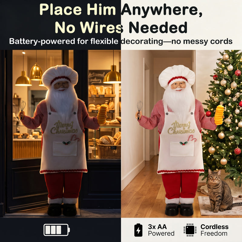 Santa figure displayed beside a Christmas tree