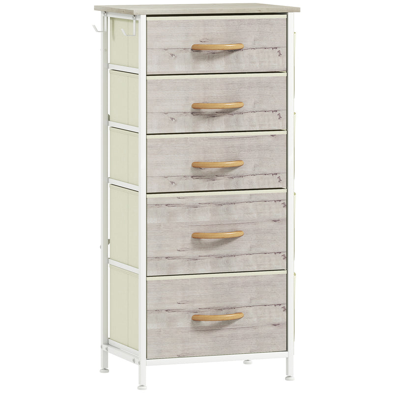 Slim natural wood and white 5-drawer fabric chest of drawers with side pockets