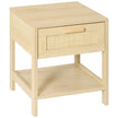 Natural wood-effect bedside table with woven rattan drawer and open lower shelf