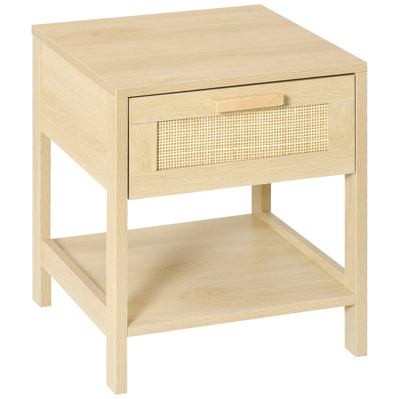 Natural wood-effect bedside table with woven rattan drawer and open lower shelf