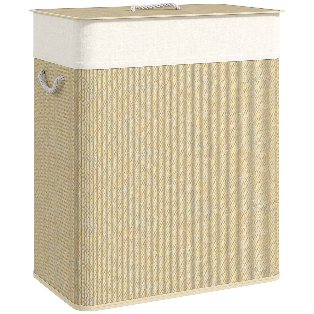 100 L cream white two-section bamboo laundry basket with lid