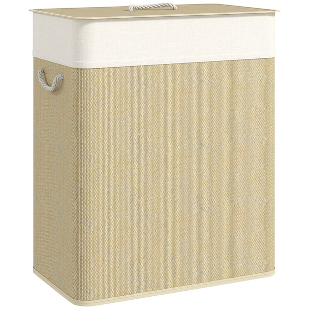 100 L cream white two-section bamboo laundry basket with lid