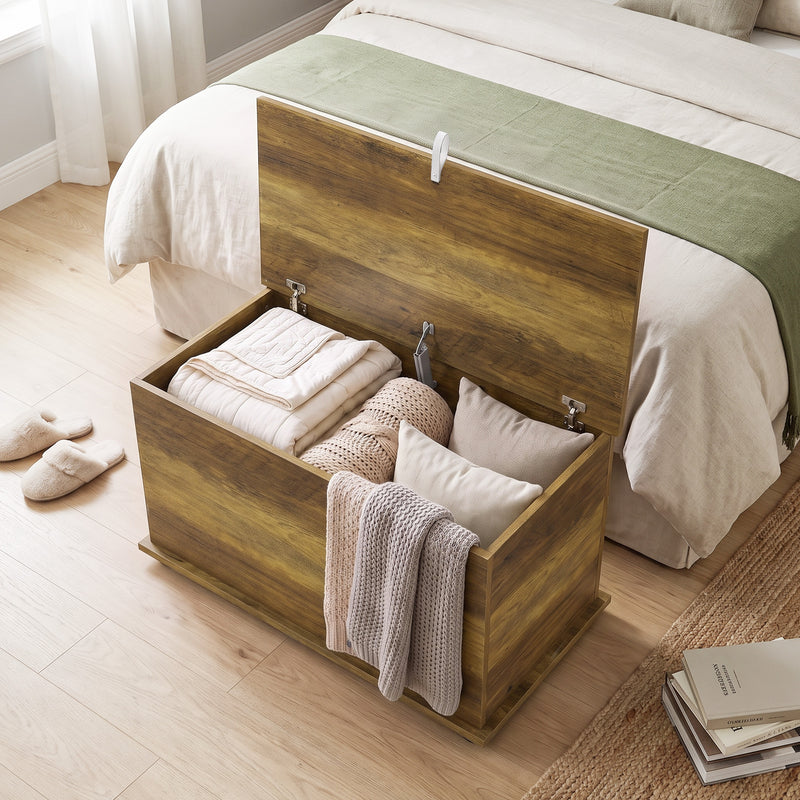 HOMCOM Storage Chest, 102L Blanket Box, Shoe Bench Safety Hinged Lid, Bed End Bench for Bedroom, 80 x 40 x 45cm, Brown – view 8