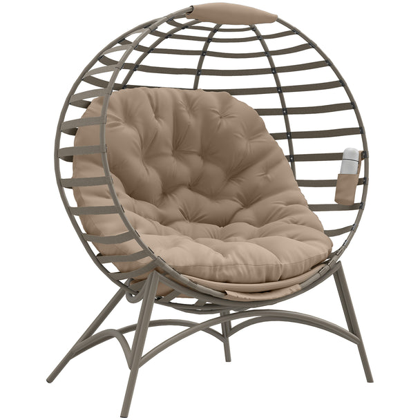 Sand brown folding egg chair with thick cushion, side pocket and four-leg base