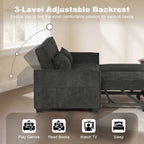 2 Seater Sofa Bed, 4-in-1 L-Shaped Convertible Pull-Out Sleeper Sofa with Adjustable Backrest and Side Pockets, Black
