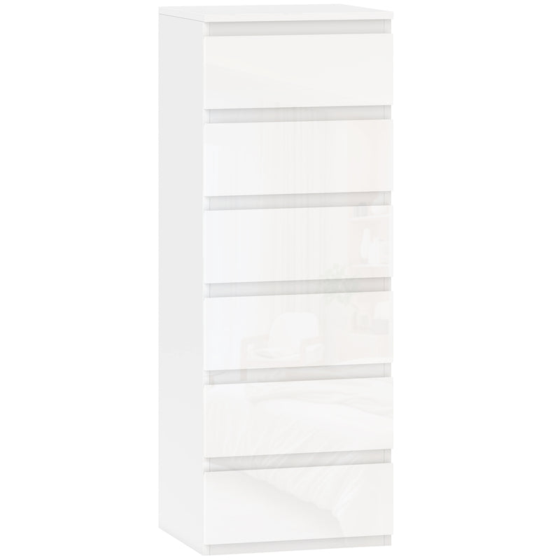 HOMCOM Chest of Drawers High Gloss Finish 6 Drawer Dresser Space Saving Slim Design Handle Free Drawers High-Gloss White