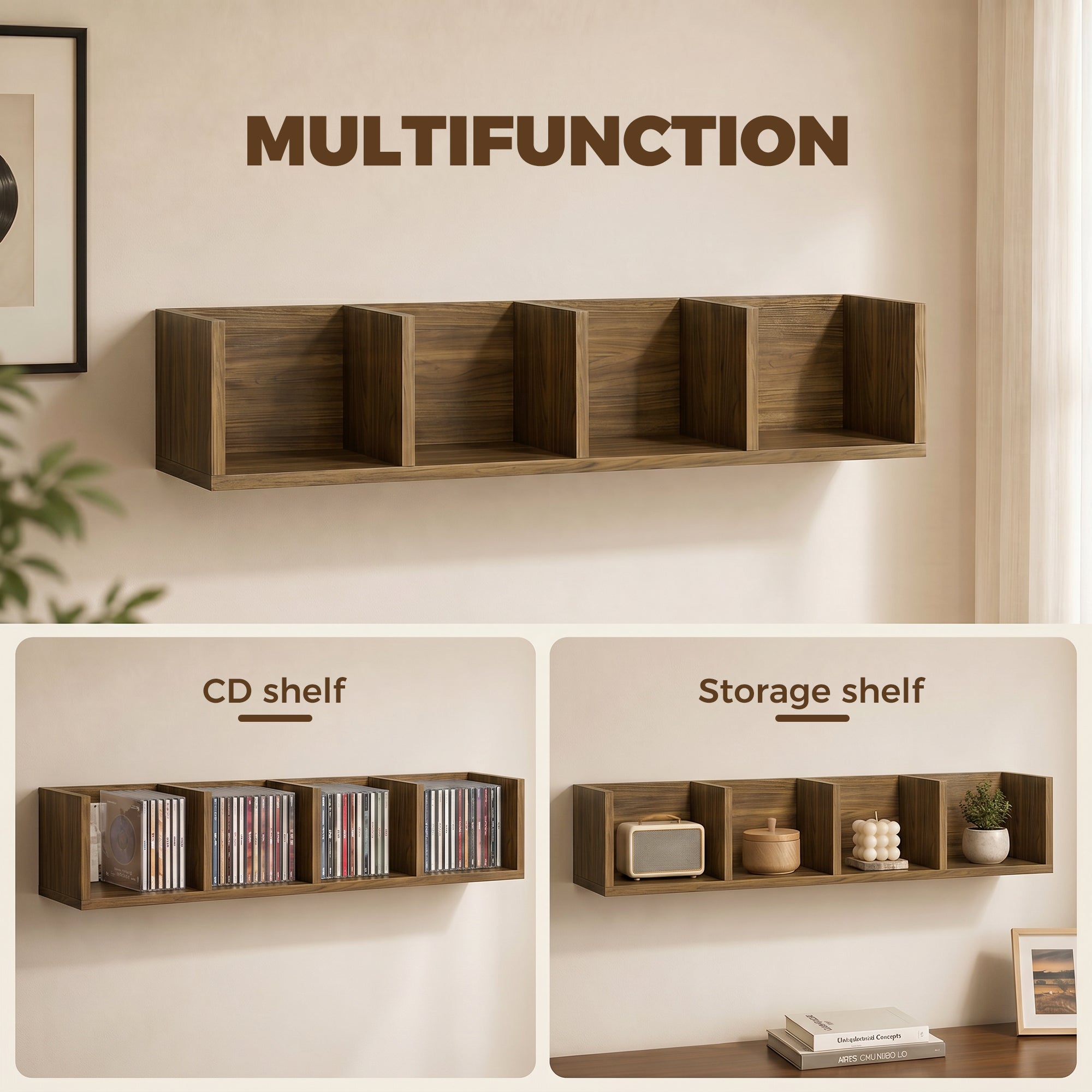 Wall Mount 84 CD / 56 DVD/Blu-ray/ Media Storage Rack 4 Cubes Wooden Shelf Organizer Unit Bookcase Display, Walnut