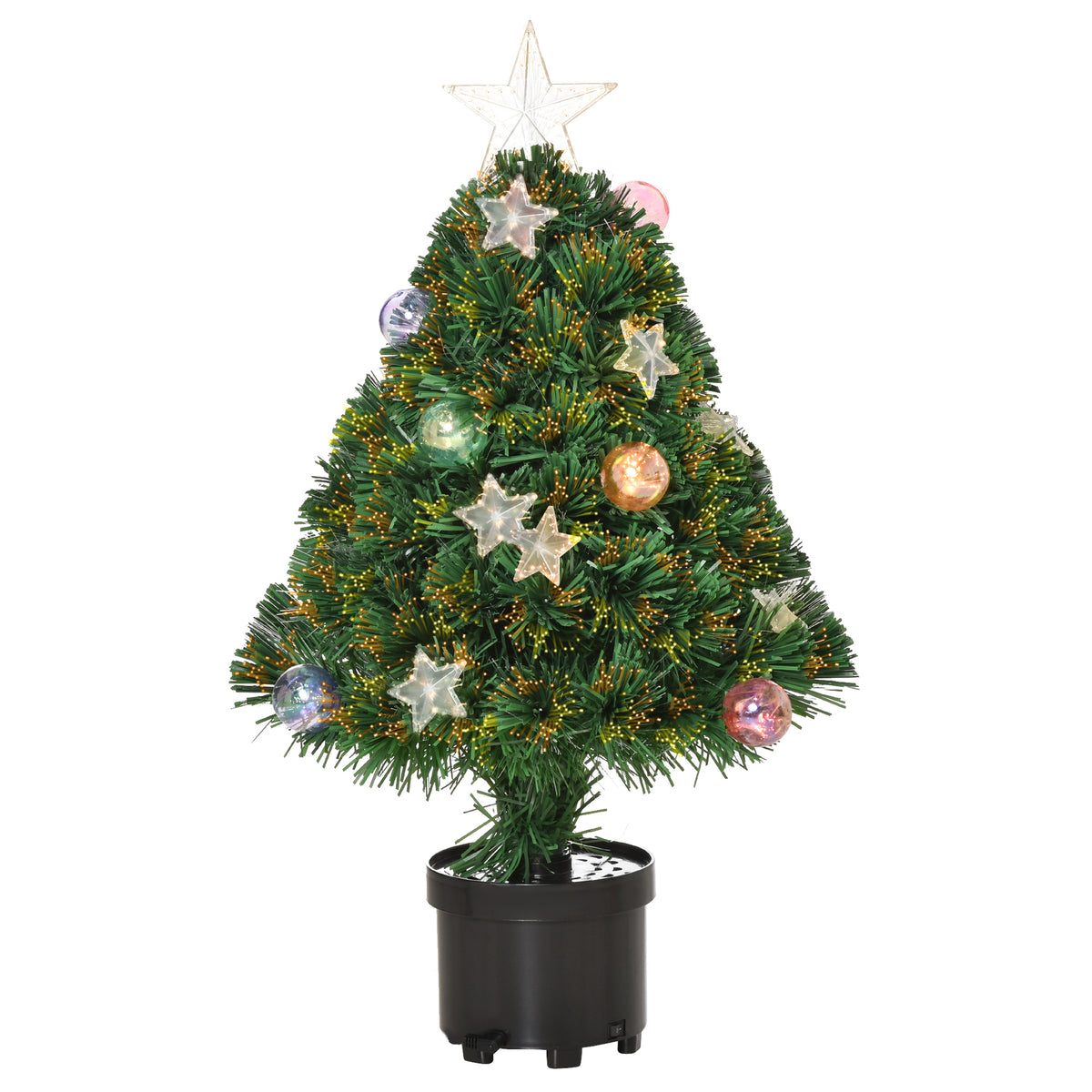 2ft green tabletop fibre optic Christmas tree in a black pot with a diamond-pattern star