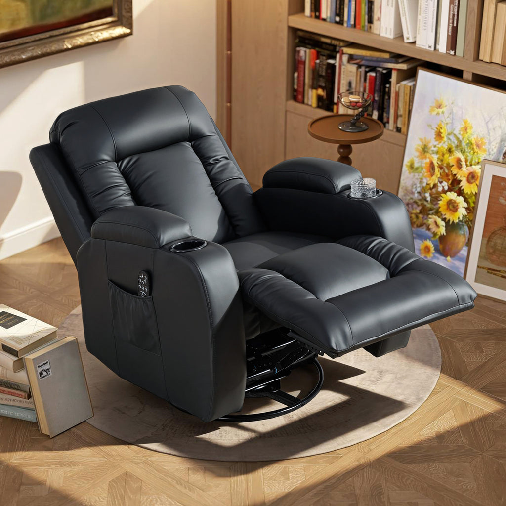 PU Leather Recliner Chair, Recliner Armchair with Extended Footrest, Cup Holders and Side Pockets, Black