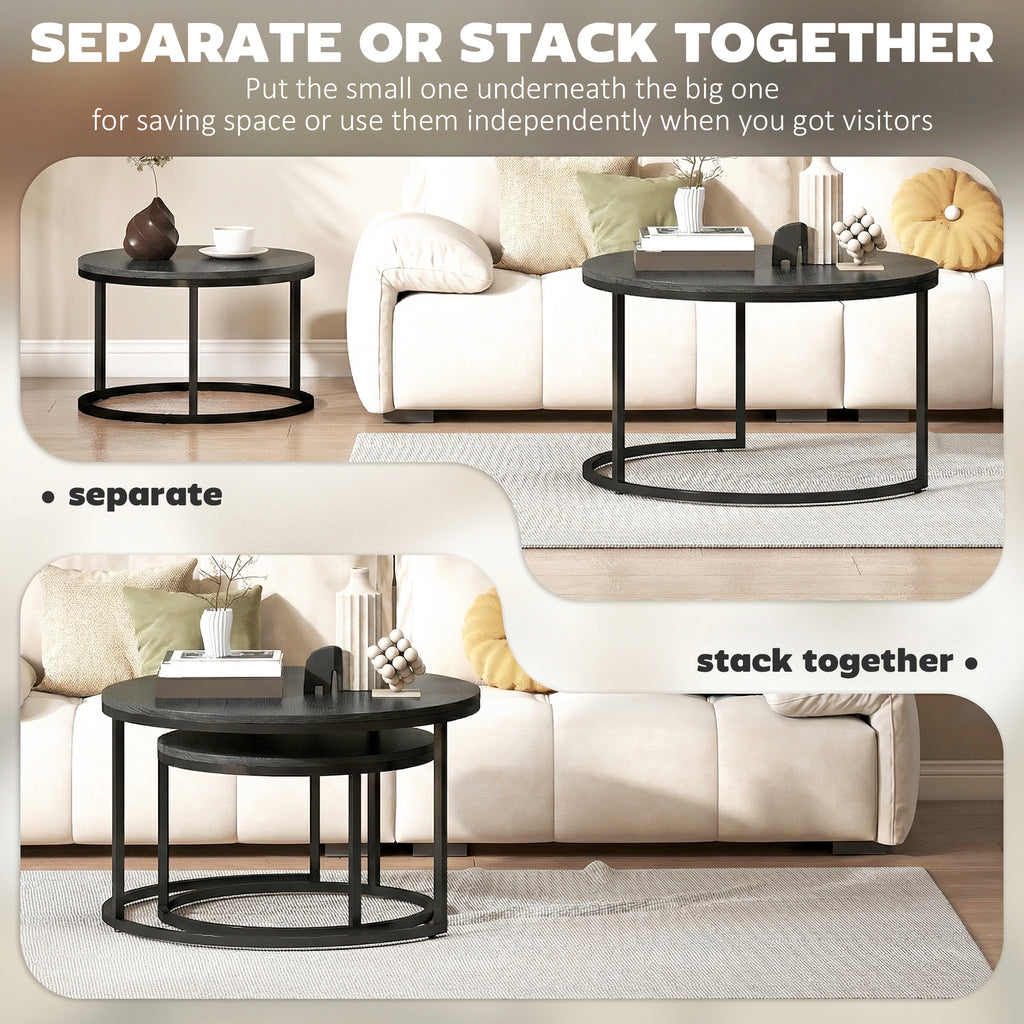 Set of Two Wood-Effect Stacking Tables - Black Wood Grain