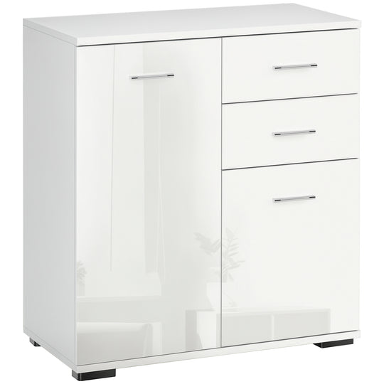 High gloss white sideboard with two drawers, two cupboards and polished handles
