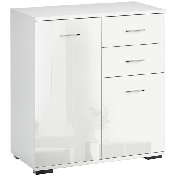 High gloss white sideboard with two drawers, two cupboards and polished handles