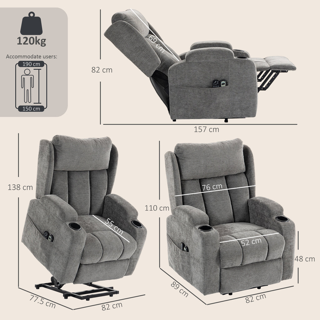 HOMCOM Power Lift Recliner Chair with Vibration Massage and Heat, Chenille Riser and Recliner Armchair for Elderly, Grey