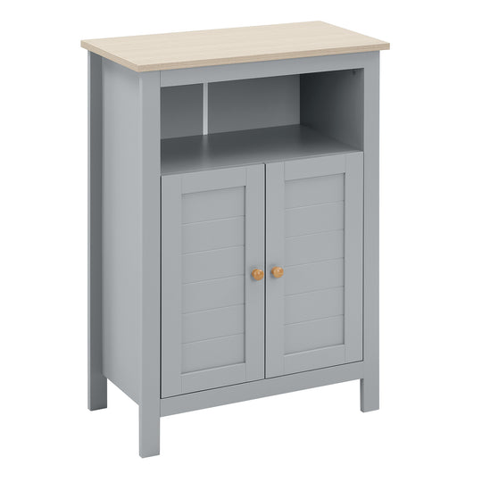 Grey freestanding bathroom cabinet with wood-effect top, open shelf and double-door cupboard