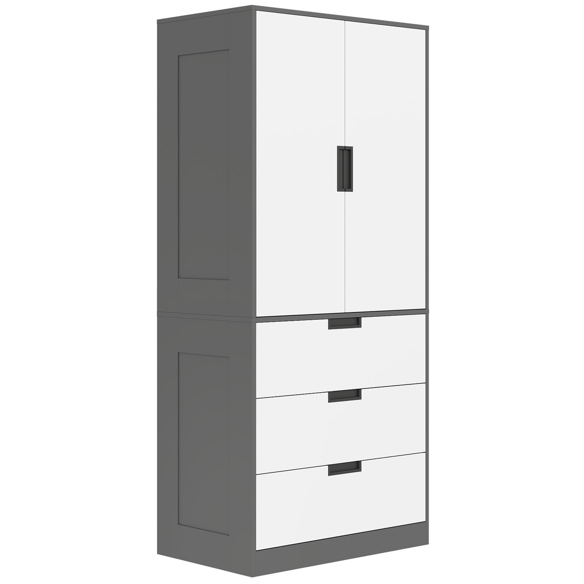 Modern double wardrobe with 3 drawers and hanging rail in grey and white