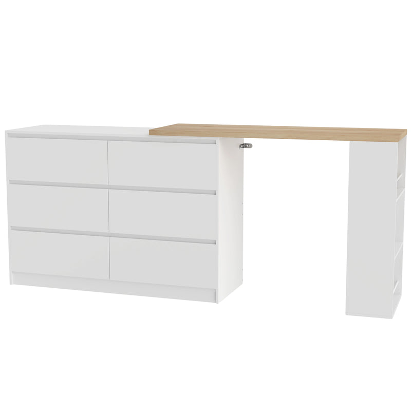 White dressing table with wood-grain top, six drawers and three-tier shelf, set up in an L-shape