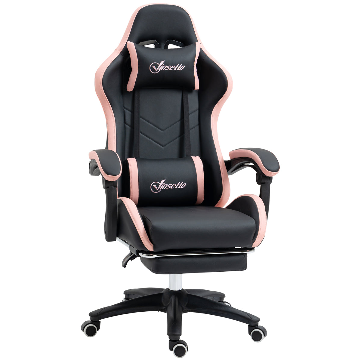 Black faux leather reclining gaming chair with pink borders, headrest and lumbar pillows and pull-out footrest