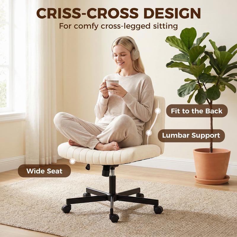HOMCOM Imitation Linen Criss Cross Legged Desk Chair, Armless Office Chair with Wheels, Cream – view 6