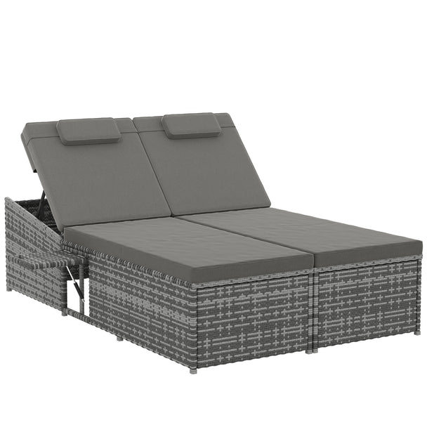 Grey 2-seater rattan daybed with independent reclining backs and side trays