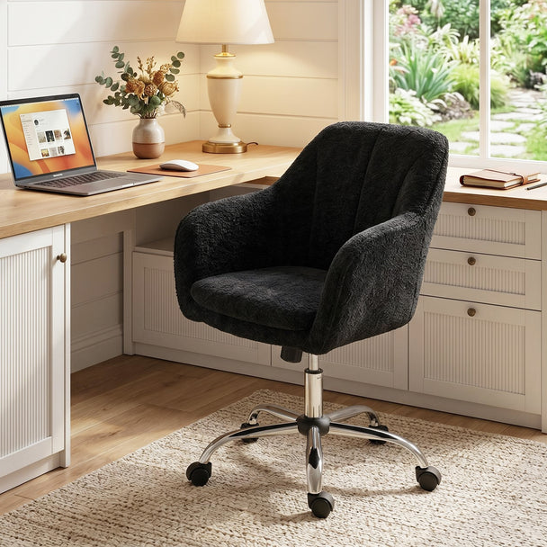 HOMCOM Modern Makeup Vanity Chair, Snow Flannel Office Chair with Tub Back, Black – view 2