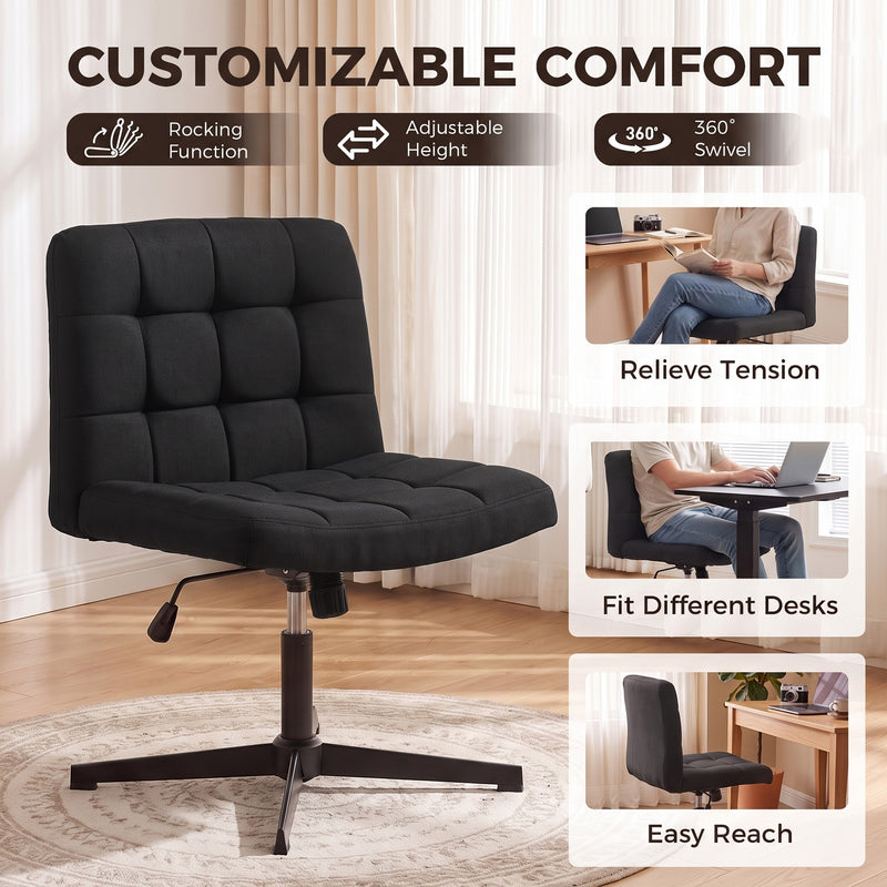 HOMCOM Armless Office Chair, Cross Legged Linen Computer Desk Vanity Chair with Wide Seat, Rocking Function, Black – view 7
