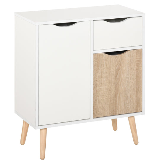 White Scandi storage cabinet with brown accent door, top drawer and wooden legs