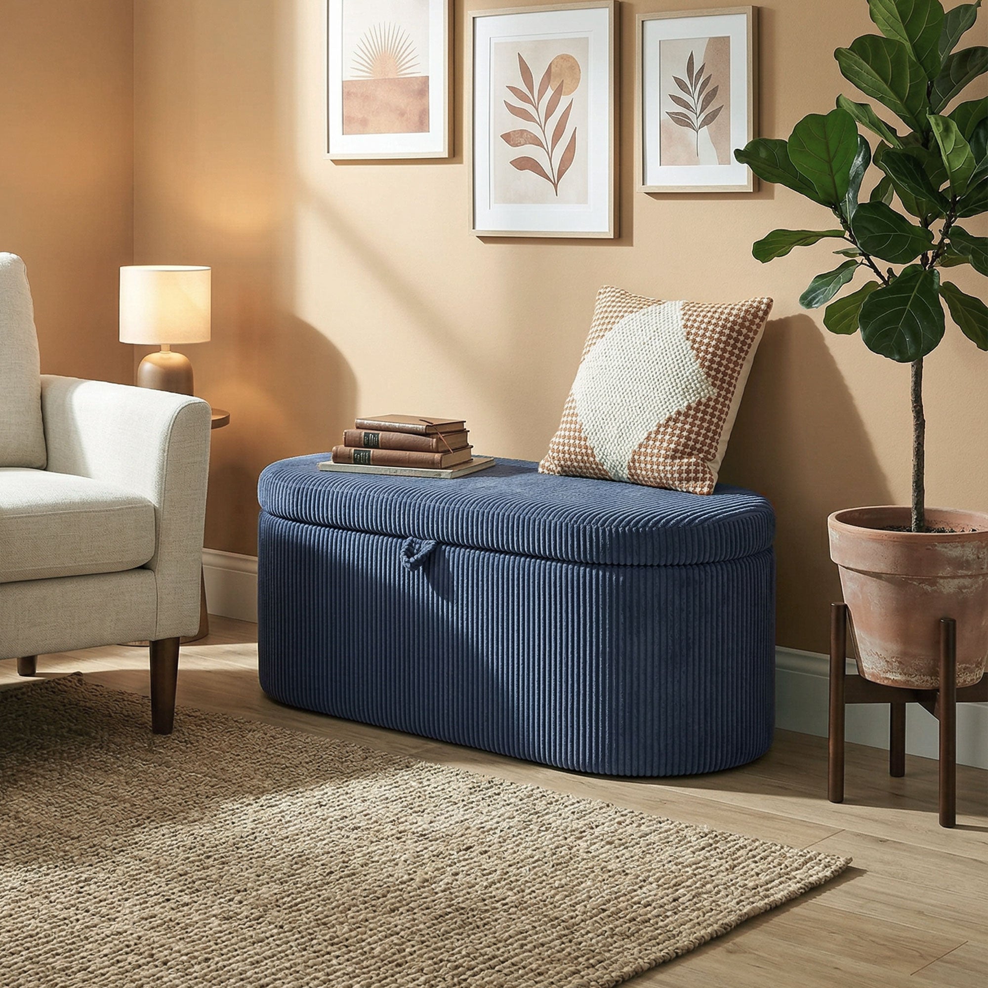 Storage Ottoman, Corduroy Upholstered Ottoman Storage Box with Padded Seat, 105 x 51 x 49 cm, Blue