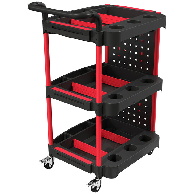 3-Tier Rolling Tool Trolley with Pegboard, Hooks & Brakes – Black/Red – image 1 of 9