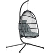 Dark grey foldable PE rattan hanging egg chair with steel stand, cushion and head pillow