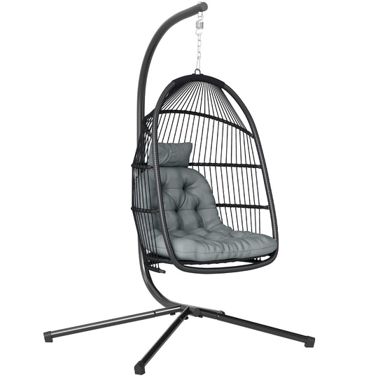 Dark grey foldable PE rattan hanging egg chair with steel stand, cushion and head pillow