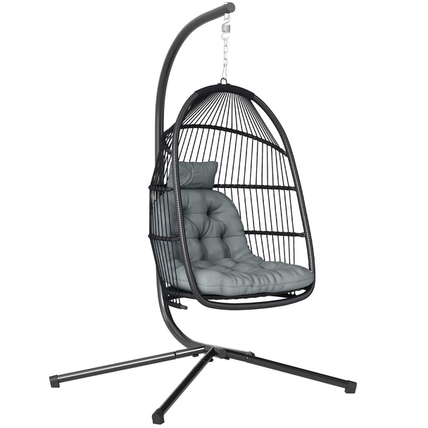 Dark grey foldable PE rattan hanging egg chair with steel stand, cushion and head pillow