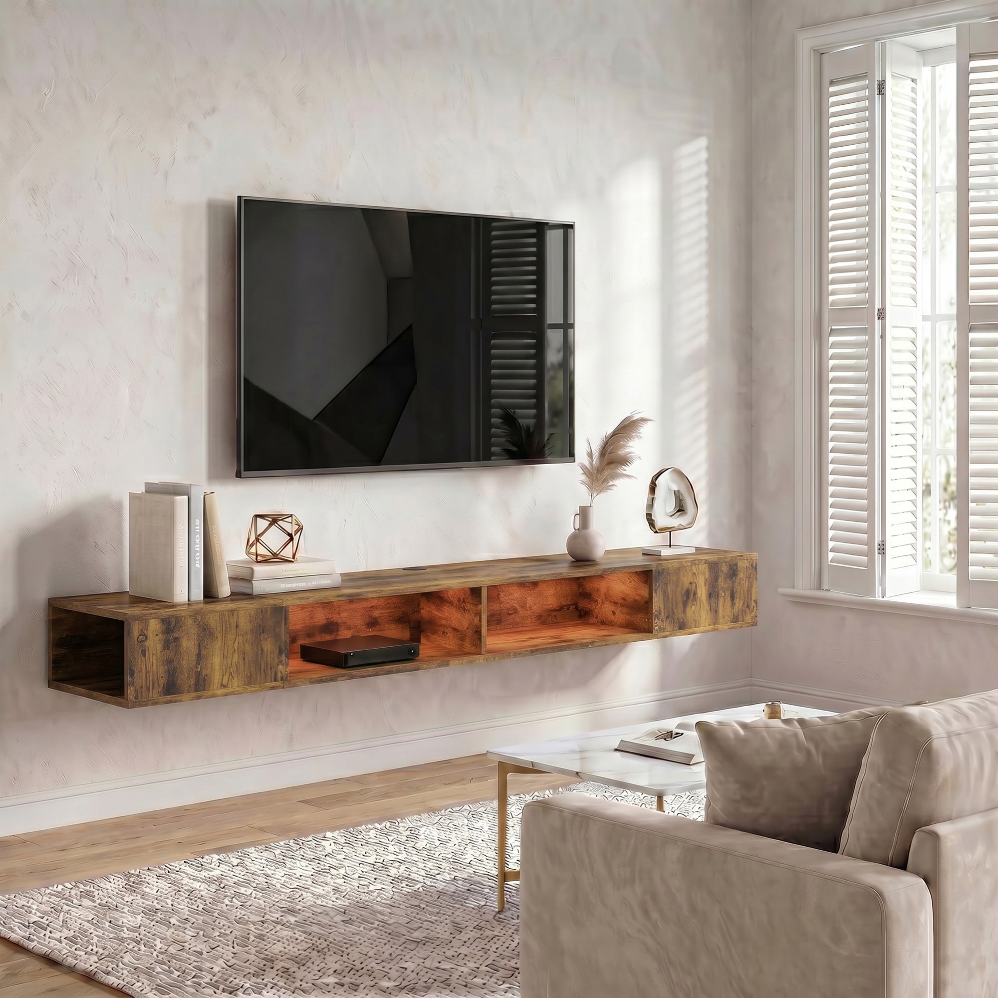 Wall Mounted TV Stand with RGB LED Lights, Floating Entertainment Centre for 75 Inch TV, Rustic Brown