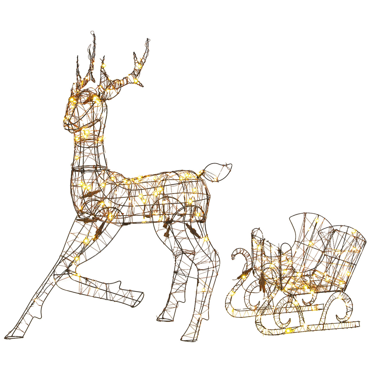 2-Piece Rattan Reindeer and Sleigh Christmas Light Set on a white background
