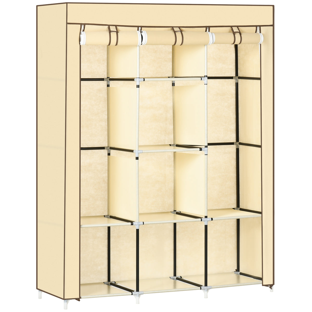 Beige 125 cm fabric wardrobe with two hanging rails and eight shelves