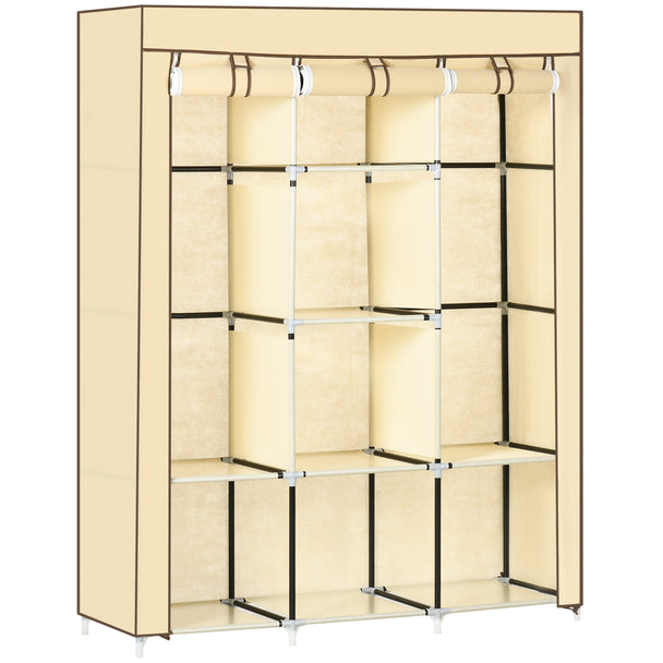 Beige 125 cm fabric wardrobe with two hanging rails and eight shelves