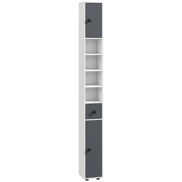 180 cm slim white and grey bathroom cabinet with two cupboards, drawer and open shelves