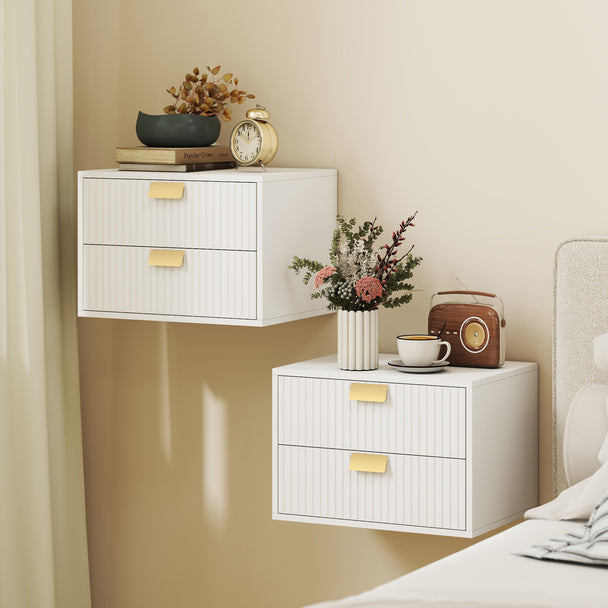 HOMCOM Modern Floating Nightstands Set of 2, Wall Mounted Bedside Tables with 2 Drawers, White – view 2