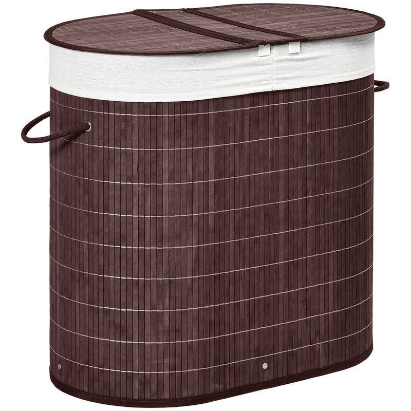 Brown bamboo 100-litre laundry basket with two compartments, lids and cotton handles