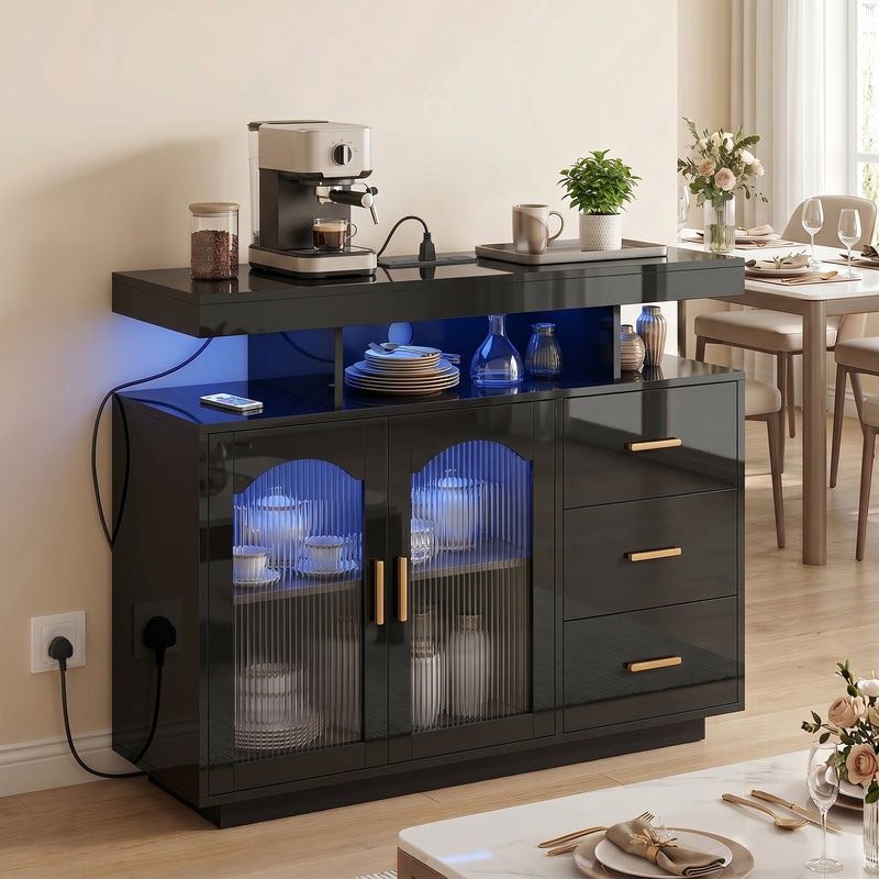 HOMCOM High Gloss Sideboard with LED Lights, Built-in Power Outlets, 3 Drawers, Shelves and 2 Acrylic Doors, Black – view 9