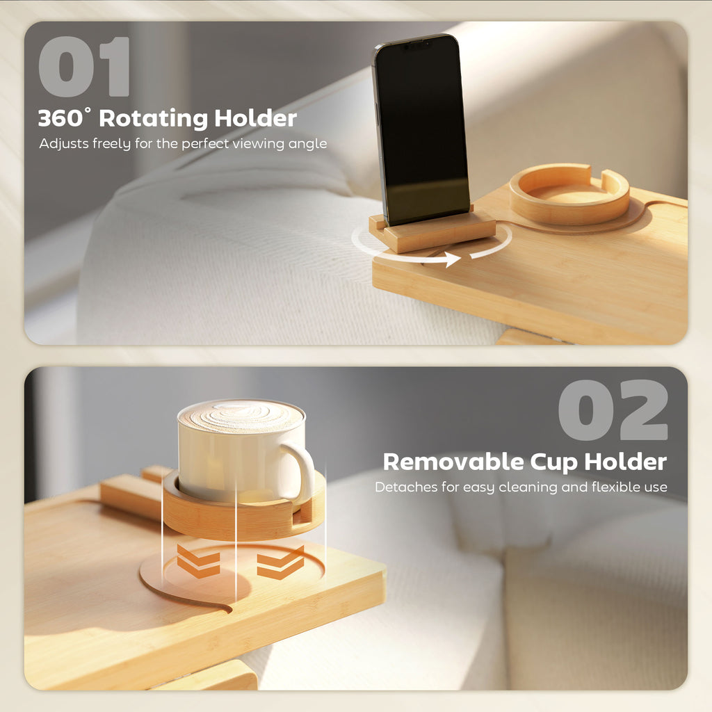 Anti-Slip Sofa Armrest Tray, Bamboo Sofa Arm Tray with 360Â° Phone Holder and Removable Cup Holder, Natural