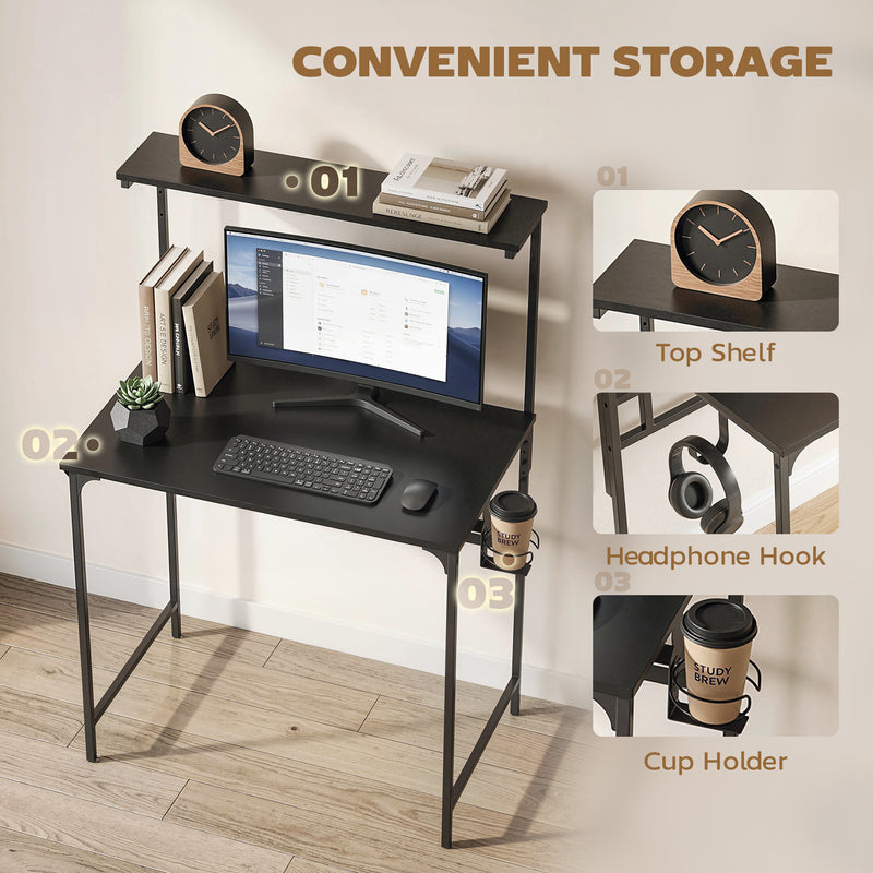 HOMCOM Computer Desk, 80cm Home Office Study Table with Hutch Shelf, Cup Holder, Headphone Hook, Black – view 4