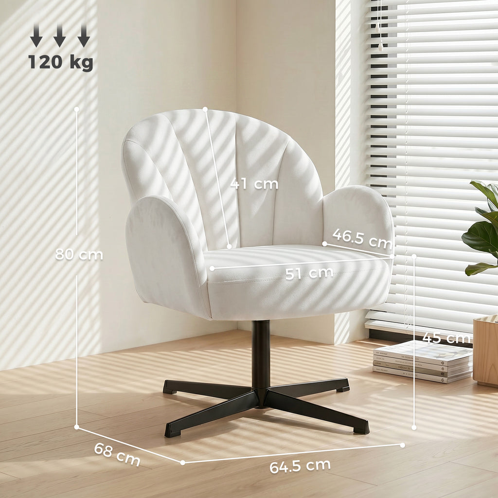 Swivel Accent Chair, Shell-Shaped Armchair with Spring Cushion, Metal Base, Cream White