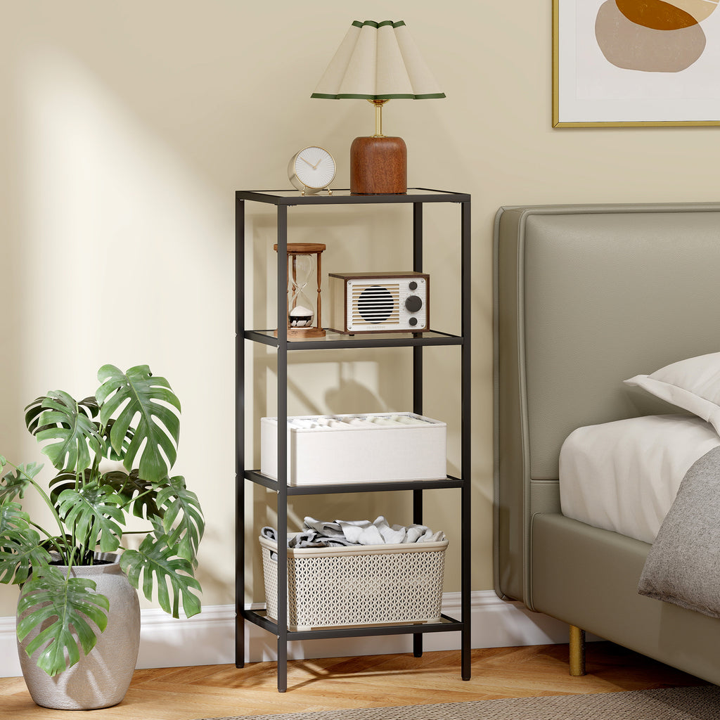 4-Tier Shelving Unit, Glass Shelf, Vertical Storage Shelf for Living Room, Home Office, Bedroom, Bathroom, Black