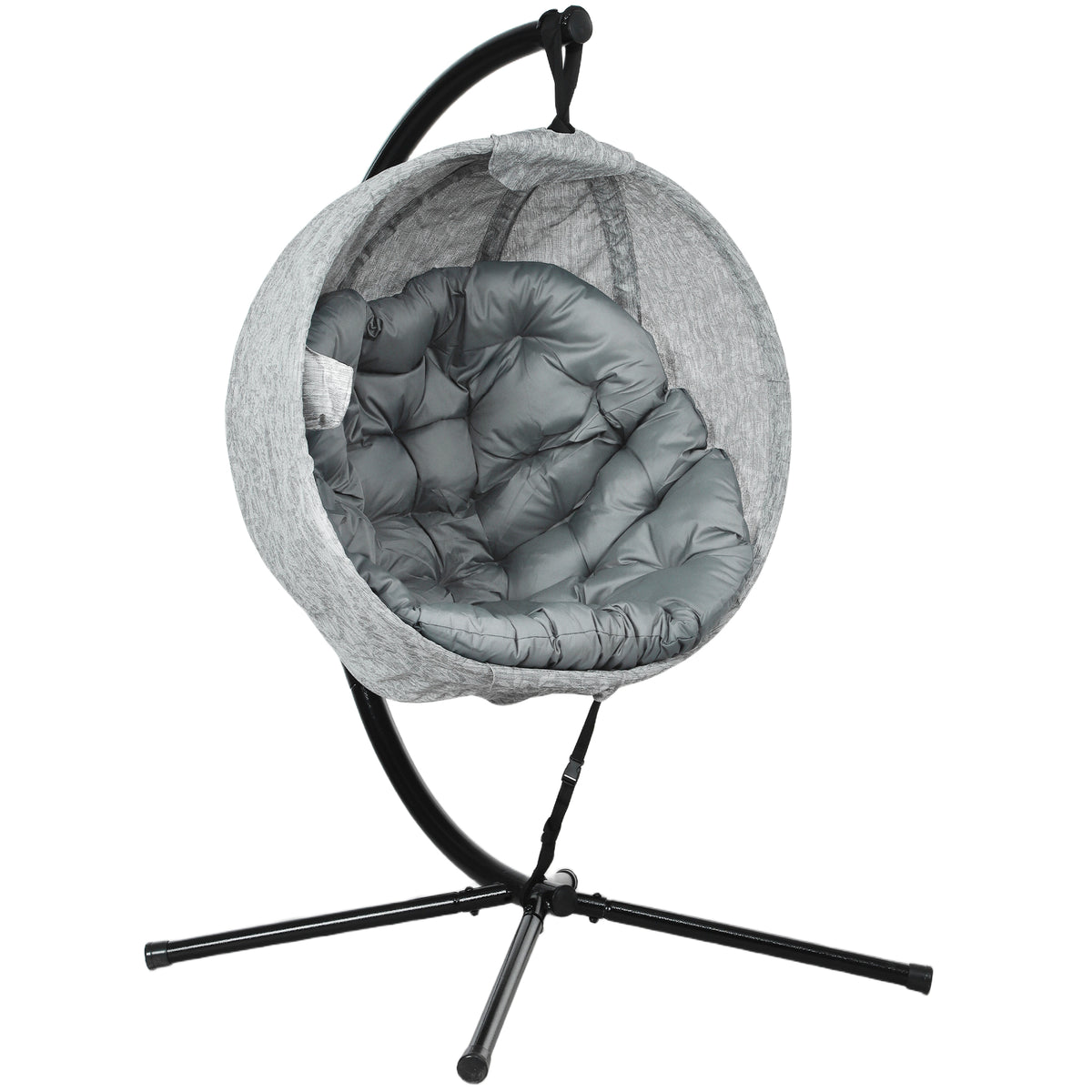 Grey leaf-pattern hanging egg chair with thick cushion, cup holder and four-leg steel stand