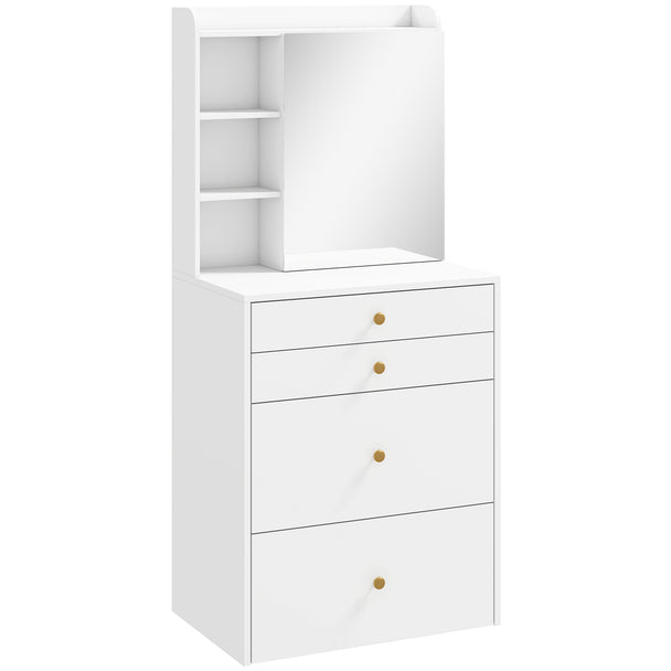White compact dressing table with mirror, drawer, open shelves and wheeled cushioned storage stool
